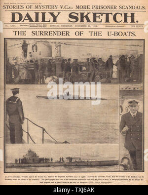 1918 Daily Sketch pagina anteriore reporting rinuncia del tedesco U imbarcazioni a Harwich Foto Stock