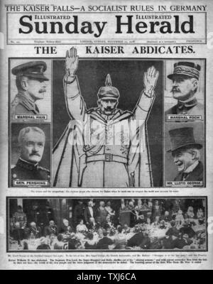 1918 Domenica Herald pagina anteriore reporting Kaiser Wilhelm II abdicazione Foto Stock