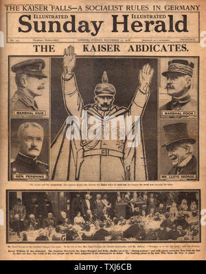 1918 Domenica Herald pagina anteriore reporting Kaiser Wilhelm II abdicazione Foto Stock