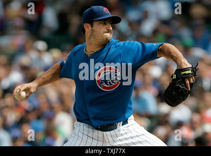 Chicago Cubs a partire lanciatore Jason Marquis offre durante il primo inning contro i cittadini di Washington a Wrigley Field a Chicago il 22 agosto 2008. (UPI foto/Brian Kersey) Foto Stock