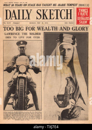 1935 Daily Sketch pagina anteriore reporting T.E. Lawrence (Morto Lawrence d'Arabia) Foto Stock