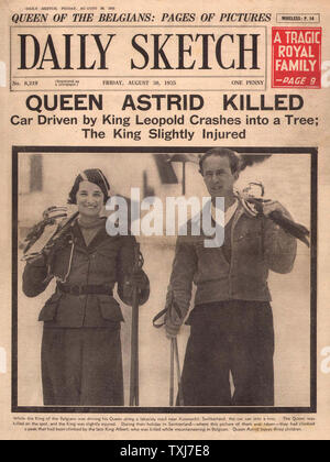 1935 Daily Sketch pagina anteriore reporting Regina Astrid del Belgio ha ucciso in un incidente d'auto Foto Stock