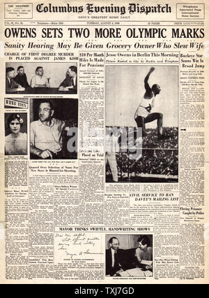 1936 Serata di Columbus Dispatch pagina anteriore alle Olimpiadi di Berlino e Jesse Owens Foto Stock