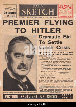 1938 Daily Sketch pagina anteriore Neville Chamberlain per visitare Adolf Hitler Foto Stock