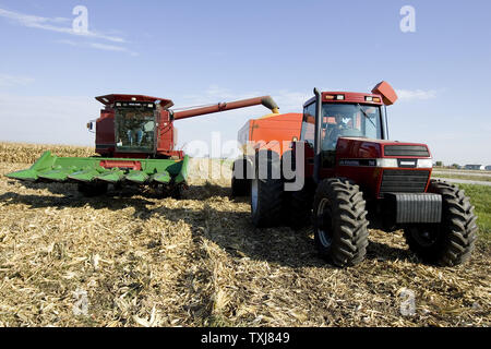 Brad Weber (L) di mais raccolti con il suo padre Gary (R) sulla terra egli affitti vicino Manteno, Illinois, il 20 ottobre 2008. Weber fattorie 450 acri a tempo parziale ma spera di acquisire più di terra in modo che egli possa essere a tempo pieno un agricoltore. Mais per dicembre consegna rose $0,155 per staio presso il Chicago Board of Trade chiudendo a $4,185 Lunedì come il rimbalzo dei mercati dell'olio cambio di messa a fuoco per gli investitori di commodities. (UPI foto/Brian Kersey) Foto Stock