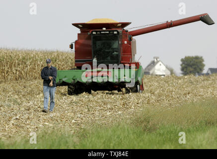 Brad Weber mais raccolti sulla terra egli affitti vicino Manteno, Illinois, il 20 ottobre 2008. Weber fattorie 450 acri a tempo parziale ma spera di acquisire più di terra in modo che egli possa essere a tempo pieno un agricoltore. Mais per dicembre consegna rose $0,155 per staio presso il Chicago Board of Trade chiudendo a $4,185 Lunedì come il rimbalzo dei mercati dell'olio cambio di messa a fuoco per gli investitori di commodities. (UPI foto/Brian Kersey) Foto Stock