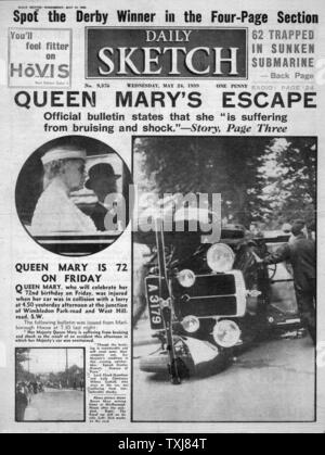 1939 Daily Sketch pagina anteriore Queen Mary feriti a Wimbeldon incidente di automobile Foto Stock