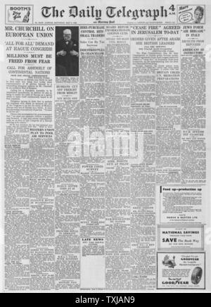 1948 Daily Telegraph giornale pagina anteriore Churchill al congresso di Europa Foto Stock