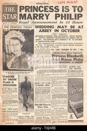 1947 Stella giornale pagina anteriore impegno della Principessa Elisabetta di Philip Mountbatten Foto Stock