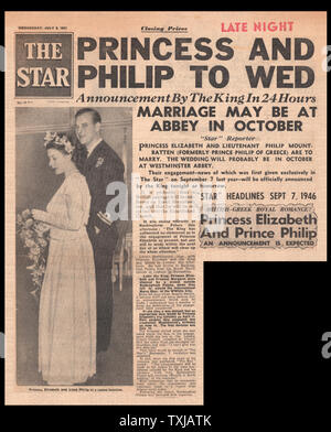 1947 Stella giornale pagina anteriore impegno della Principessa Elisabetta di Philip Mountbatten Foto Stock
