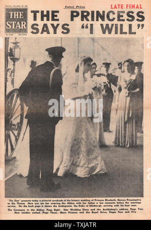 1947 Stella giornale pagina anteriore la Principessa Elisabetta sposa Philip Mountbatten, Duca di Edimburgo Foto Stock
