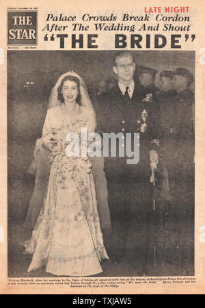 1947 Stella giornale pagina anteriore la Principessa Elisabetta sposa Philip Mountbatten, Duca di Edimburgo Foto Stock