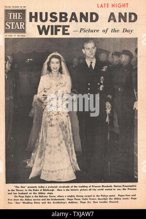 1947 Stella giornale pagina anteriore la Principessa Elisabetta sposa Philip Mountbatten, Duca di Edimburgo Foto Stock