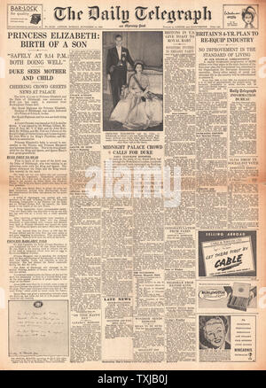 1948 Daily Telegraph giornale pagina anteriore della nascita del principe Charles Foto Stock