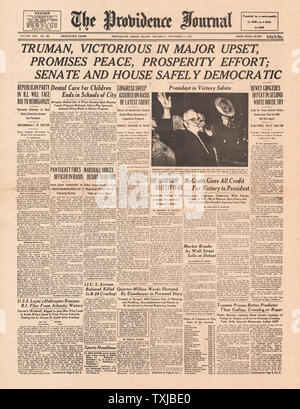 1948 La Provvidenza ufficiale giornale pagina anteriore Truman eletto presidente sconfiggendo Thomas Dewey Foto Stock