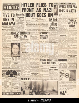 1942 front page Daily Herald Hitler vola a fronte russo, battaglia per Manila,catastrofe mineraria a Sneyd Colliery e Commandos inglesi attaccano le Isole Lofoten Foto Stock