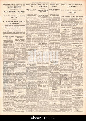 1942 Pagina 4 i tempi delle forze alleate ritirarsi da Kuala Lumpur, la caduta di Hong Kong e la battaglia di Leningrado Foto Stock