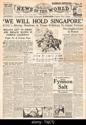 1942 front page News del mondo battaglia per Singapore Foto Stock