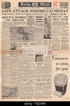 1942 front page Daily Mail battaglia per Singapore Foto Stock