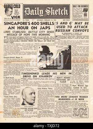 1942 front page schizzo quotidiana battaglia di Singapore e il canale dash da navi di guerra tedeschi Scharnhorst e Gneisenau e Prinz Eugen Foto Stock