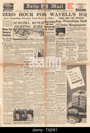 1942 front page Daily Mail battaglia per Sumatra e giapponese vela Navi da guerra in Singapore Foto Stock