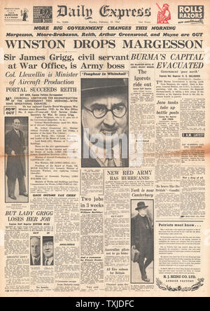 1942 front page Daily Express nuovi appuntamenti del governo e la battaglia per la Birmania Foto Stock