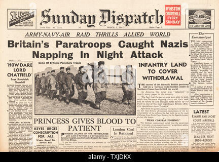 1942 front page domenica spedizione British paracadutisti raid Francia Foto Stock