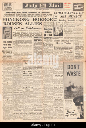 1942 front page Daily Mail giapponese di atrocità perpetrate in Hong Kong e minaccia per l'India Foto Stock