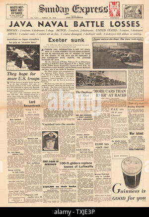 1942 front page Sunday Express Allied Naval perdite nella battaglia per Java Foto Stock