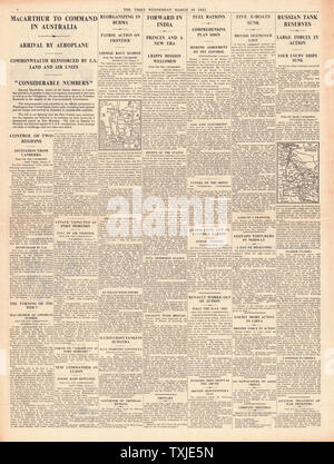 1942 Pagina 4 Tempi General Douglas MacArthur nominato Comandante supremo alleato in Australia Foto Stock