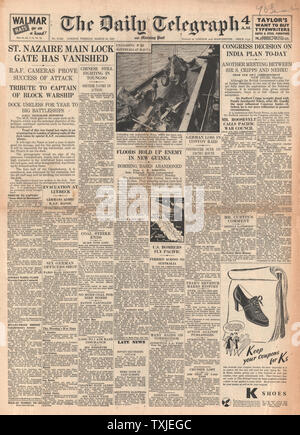 1942 front page Daily Telegraph British Commando Raid su banchine al St.Nazaire e India offerto pieno dominio diritti Foto Stock