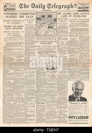 1942 front page Daily Telegraph piano britannico per l'India respinta dal Congresso indiano, la battaglia per la Birmania e convogli artico Foto Stock