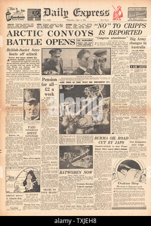 1942 front page Daily Express il piano britannico per l'India respinta dal Congresso indiano, la battaglia per la Birmania e convogli artico Foto Stock