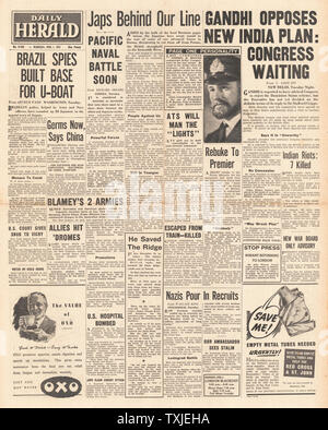 1942 front page Daily Herald piano britannico per l'India respinta dal Congresso indiano, la battaglia per la Birmania e convogli artico Foto Stock