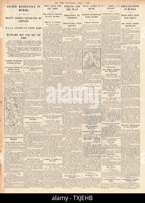 1942 Pagina 4 volte il piano britannico per l'India respinta dal Congresso indiano, la battaglia per la Birmania e convogli artico Foto Stock