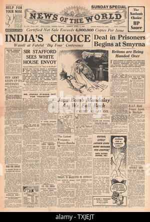 1942 front page News del mondo trattative diplomatiche in India e giapponese Airforce bomba Mandalay come forze britanniche ritiro in Birmania Foto Stock