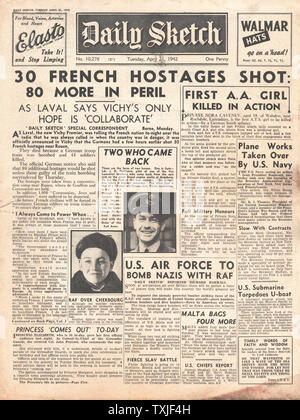 1942 front page Daily Sketch rappresaglie tedesche in Francia Foto Stock