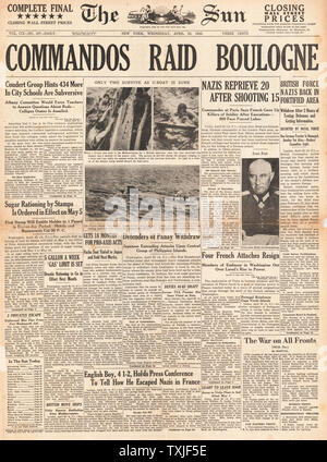 1942 pagina anteriore Sun New York British Commando raid su Boulogne Foto Stock