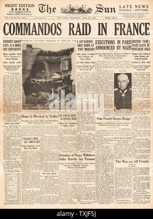 1942 pagina anteriore Sun New York British Commando raid su Boulogne Foto Stock