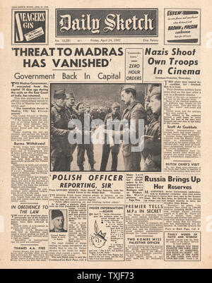 1942 front page schizzo quotidiana minaccia a Madras sollevato e British Commando raid su Boulogne Foto Stock