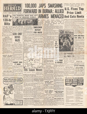 1942 front page Daily Herald le forze giapponesi anticipo in Birmania Foto Stock