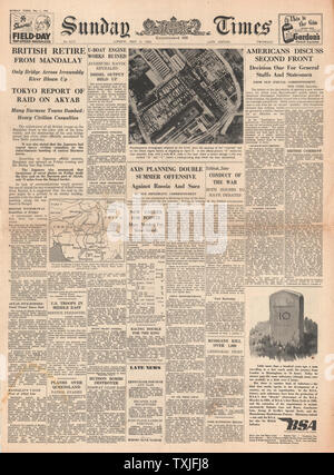 1942 front page Sunday Times Mandalay cade a forze giapponesi e RAF bomb MAN fabbrica in Augsburg Foto Stock