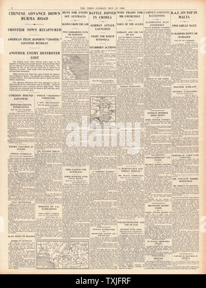 1942 Pagina 4 Tempi sabotatori silenzio radio di Parigi, Aeronautica Militare Italiana e la Luftwaffe bomba di Malta e la battaglia per la Birmania Road Foto Stock