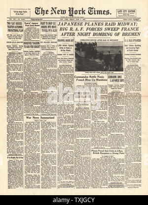 1942 front page New York Times giapponese Airforce bomba Isola di Midway e RAF Bomba Bremen Foto Stock