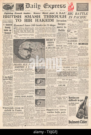 1942 front page Daily Express battaglia per la Libia e la battaglia di Midway Foto Stock