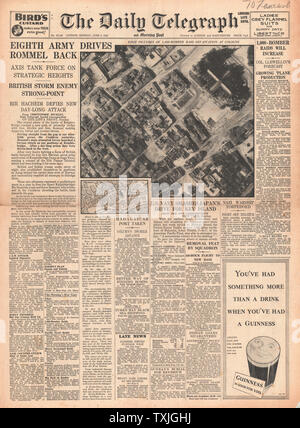 1942 front page Daily Telegraph battaglia per la Libia, la battaglia di Midway e RAF bombardamenti di Colonia Foto Stock