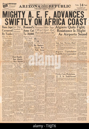 1942 front page Arizona Republic forze americane in Algeria Foto Stock