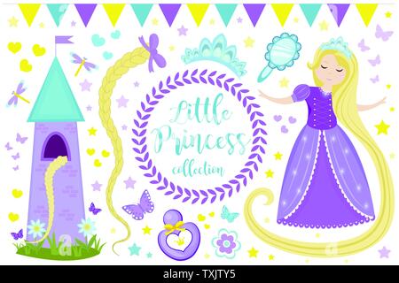 Carino piccola principessa Rapunzel impostare gli oggetti. Raccolta elemento di design con Pretty girl, torre, butterfly, accessori. Bambini baby clip art funny sorridente Illustrazione Vettoriale