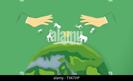 La fauna selvatica animali sono in tutto il mondo. Il minimalismo degnati di carta tagliato e stile di artigianato. Arte digitalcraft per la Giornata mondiale dell'ambiente. Illustrazione Vettoriale