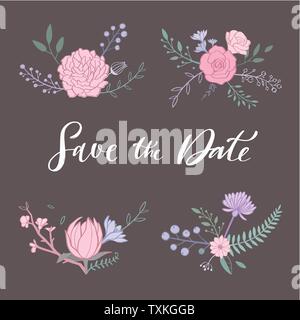 Vettore floreali bouquet di rose, peonia, anemone, Sakura, fiori selvatici. Disegnata a mano rustica oggetti isolati. Decorative biglietti di invito per matrimonio Illustrazione Vettoriale